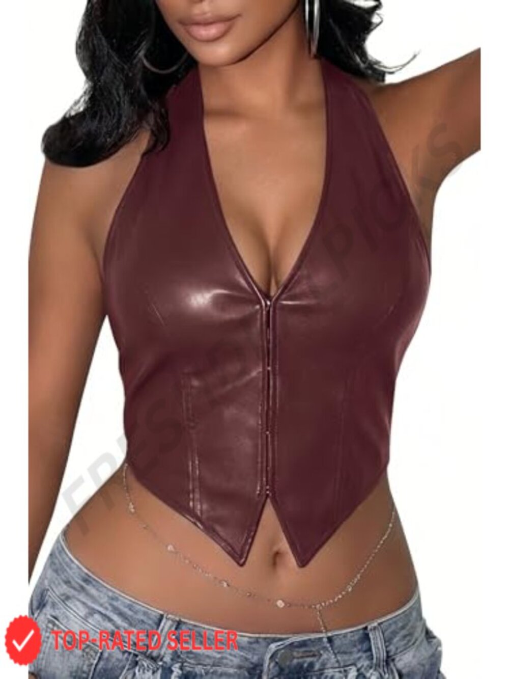 PU Faux Leather Halter Corset Crop Top Deep V Backless Clubwear Party